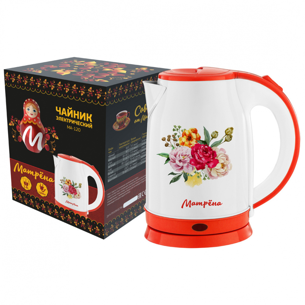 Чайник электрический Матрёна MA-120 18 л 1500 Вт белый с узором цветы 151200₽
