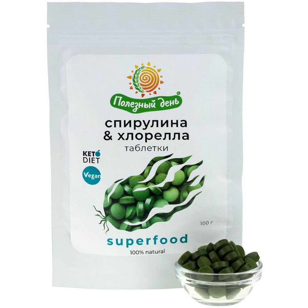 Спирулина и Хлорелла Полезный день, в таблетках, 100 г