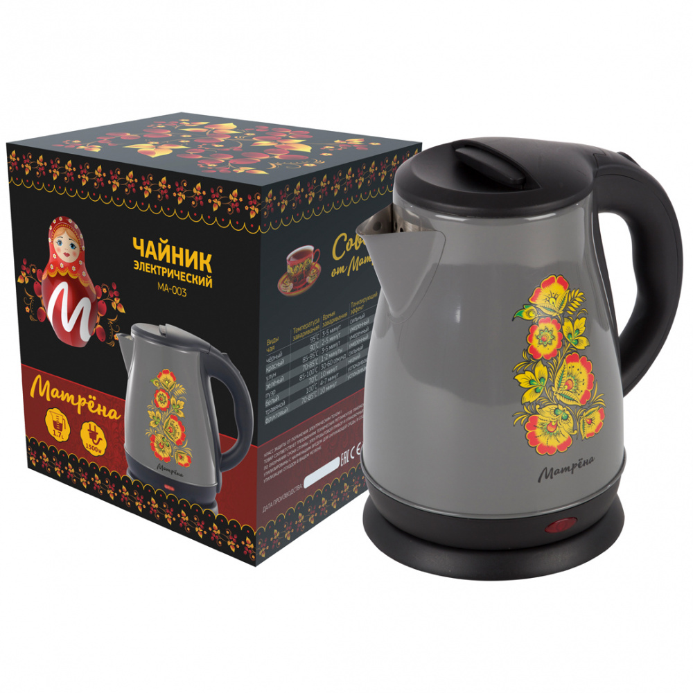 Чайник электрический Матрёна MA-003 17 л 2200 Вт серый с узором хохлома 143200₽